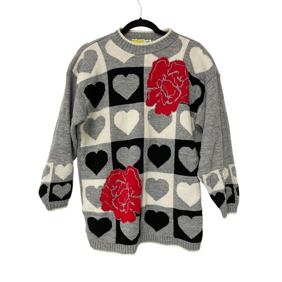 Traffic Jam Vintage Sweater Womens L Hearts & Rose Checker Acrylic 80s 90s - Picture 1 of 7
